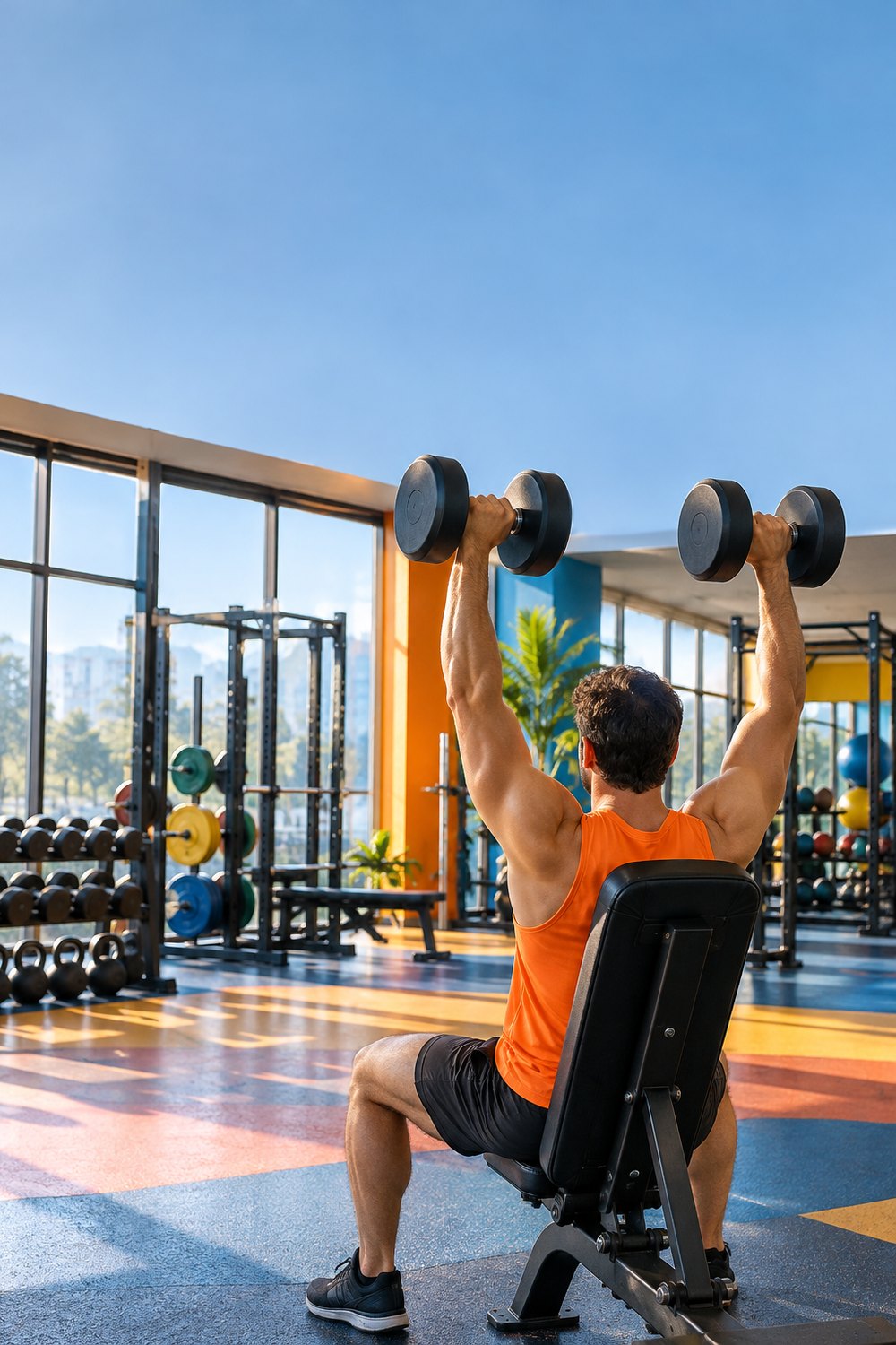 Man seen from behind doing a seated dumbbell shoulder press in an orange tank top on push day