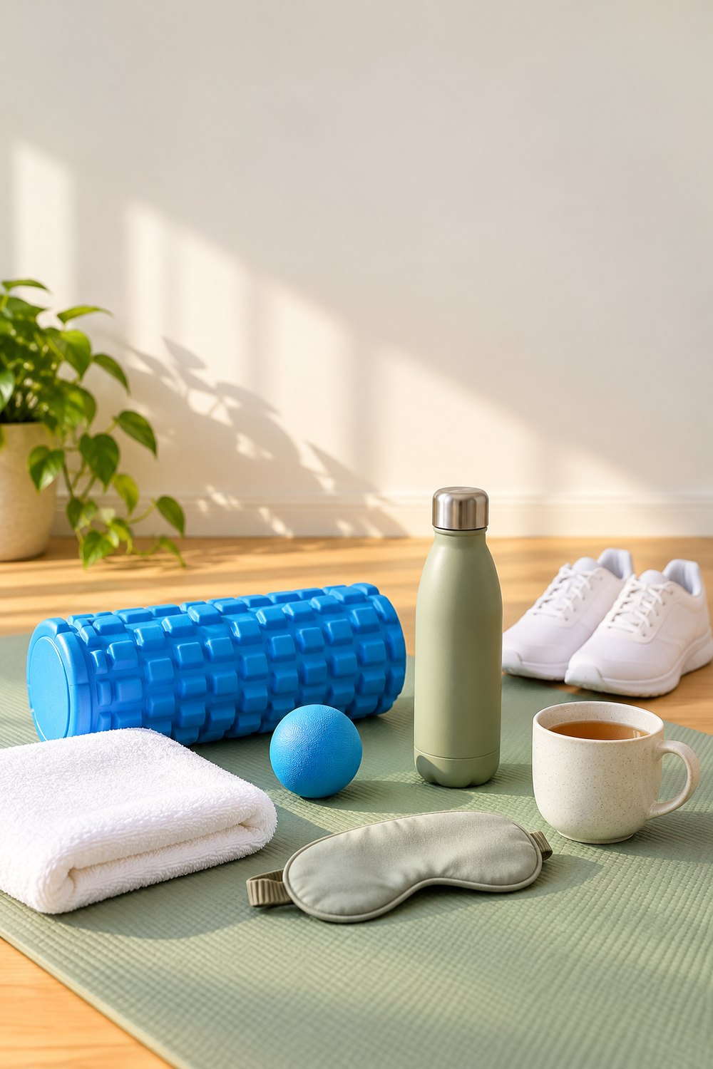 Rest day recovery setup with a blue foam roller, massage ball, towel, water bottle, sleep mask and tea on a green mat