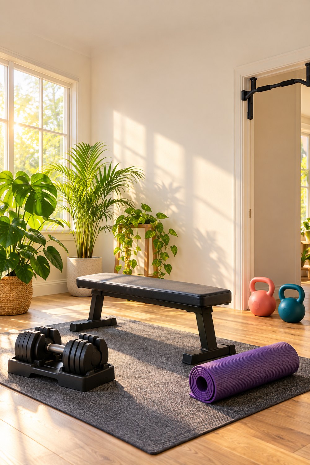 Home workout corner with adjustable dumbbells, a flat bench, yoga mat, kettlebells and a doorway pull-up bar