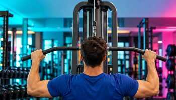 Man seen from behind doing a lat pulldown in a colorful gym on a 6 day workout split