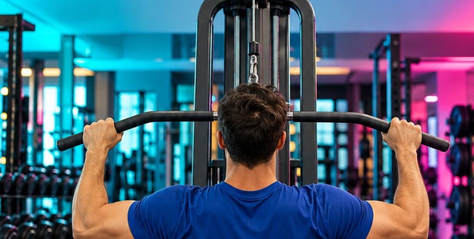 Man seen from behind doing a lat pulldown in a colorful gym on a 6 day workout split