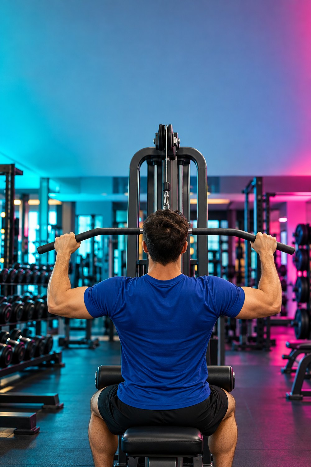 Man seen from behind doing a lat pulldown in a colorful gym on a 6 day workout split