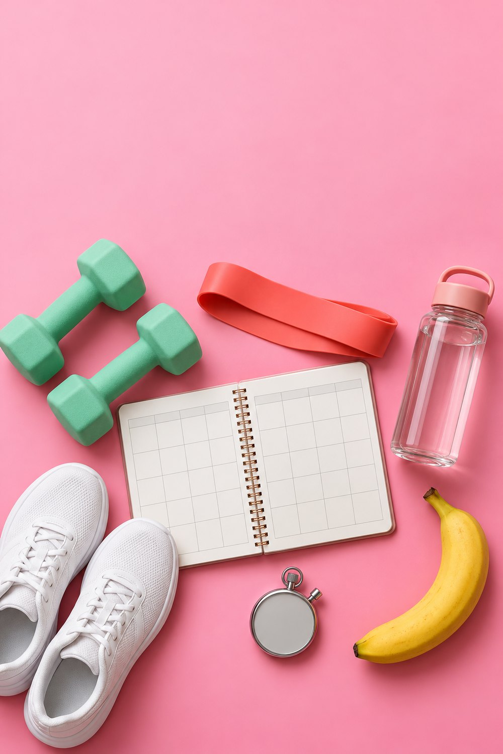 Blank weekly workout planner on a pink background with mint dumbbells, a resistance band, sneakers, water bottle and a banana