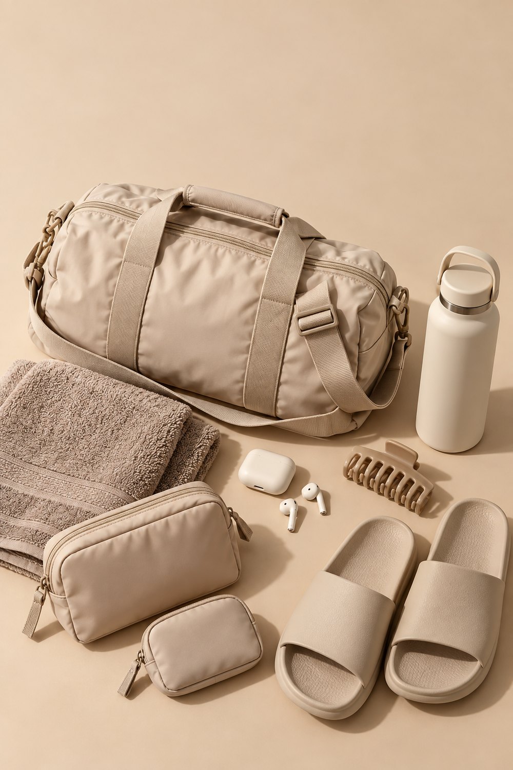 Aesthetic neutral gym bag essentials: beige duffel, matching pouches, cream bottle, taupe towel, slides, claw clip and earbuds