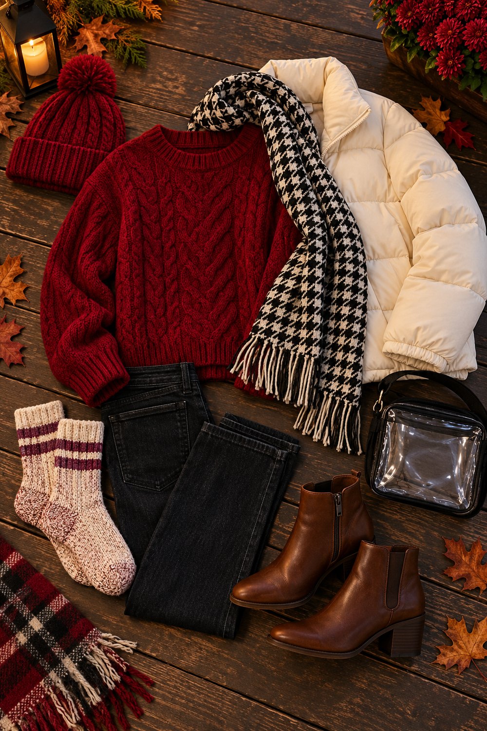 Flat lay of a cold weather Alabama game day outfit: crimson cable-knit sweater, houndstooth scarf, dark jeans, cream puffer, ankle boots and clear bag