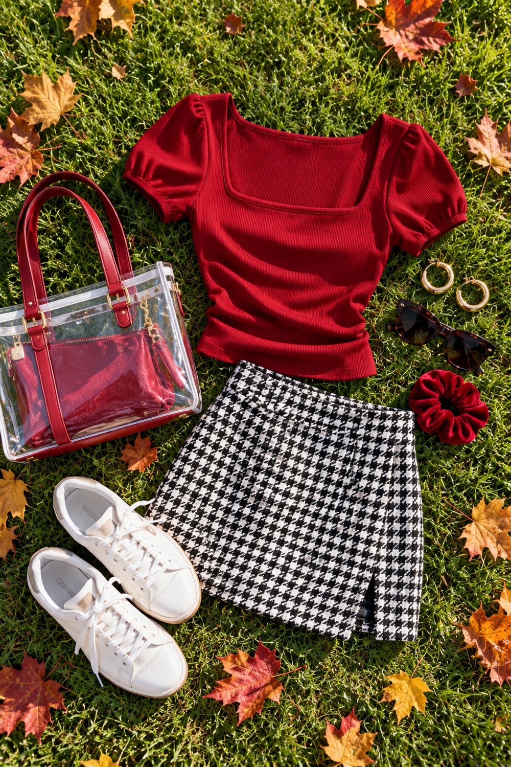 Flat lay of an Alabama game day outfit with a houndstooth mini skirt, crimson top, white sneakers, gold hoops and a clear tote