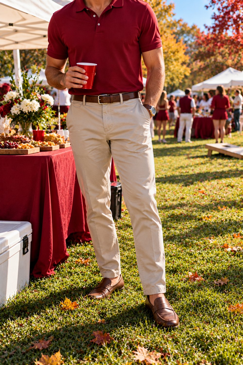 Men's Alabama game day outfit cropped at the neck: crimson polo, khaki chinos, brown belt and loafers at a tailgate