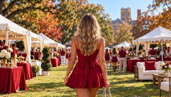 Alabama game day outfit idea: woman seen from behind in a crimson mini dress and white western boots carrying a clear tote at a campus tailgate