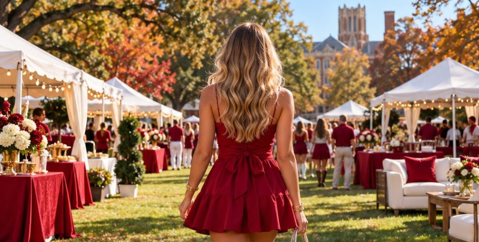 Alabama game day outfit idea: woman seen from behind in a crimson mini dress and white western boots carrying a clear tote at a campus tailgate