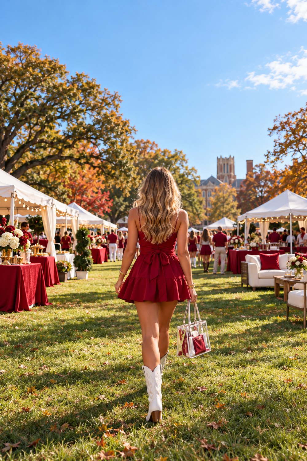 Alabama game day outfit idea: woman seen from behind in a crimson mini dress and white western boots carrying a clear tote at a campus tailgate