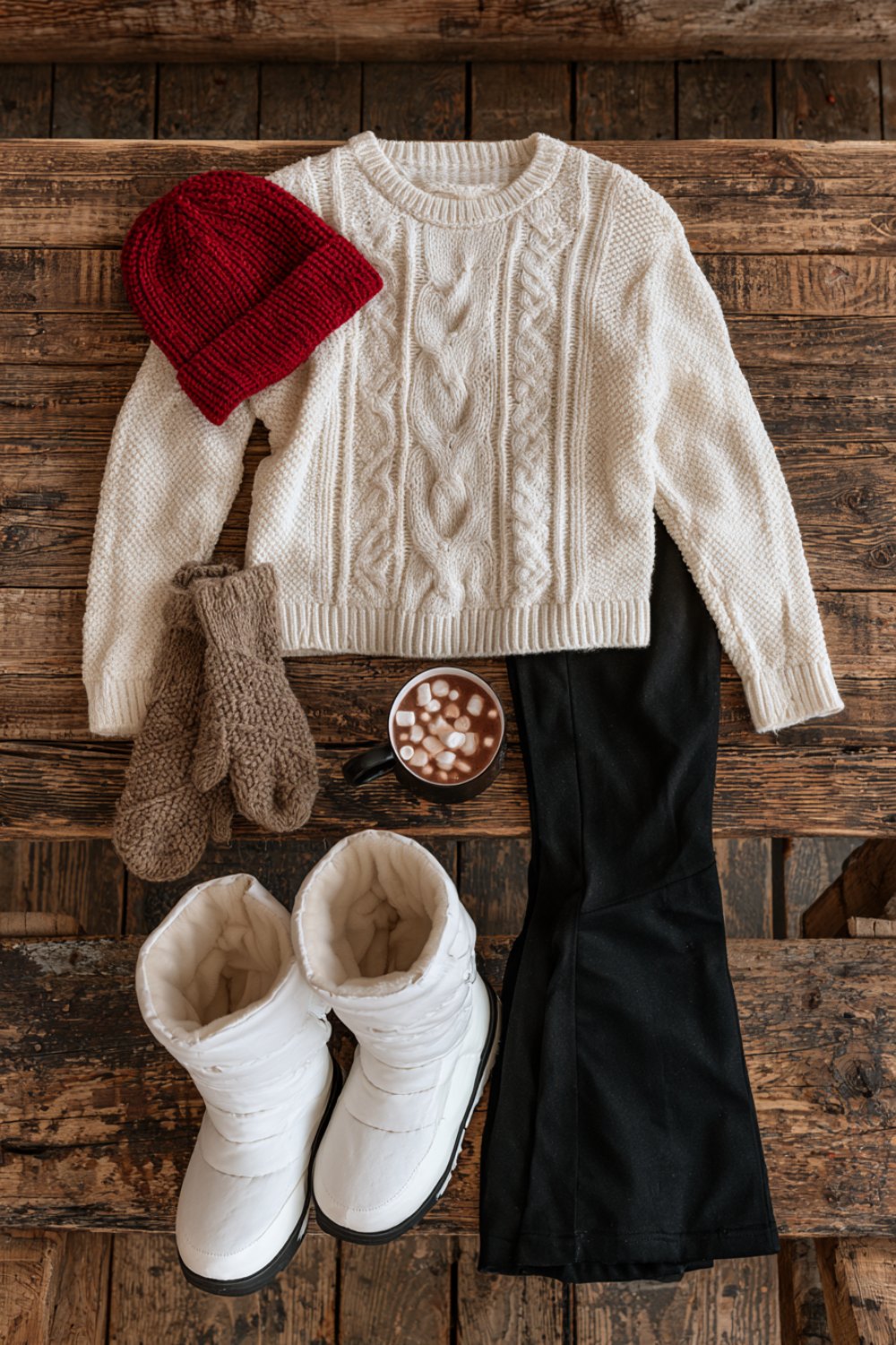 Apres ski outfit flat lay: cream cable knit sweater, black flared ski pants, white snow boots, red beanie and hot cocoa