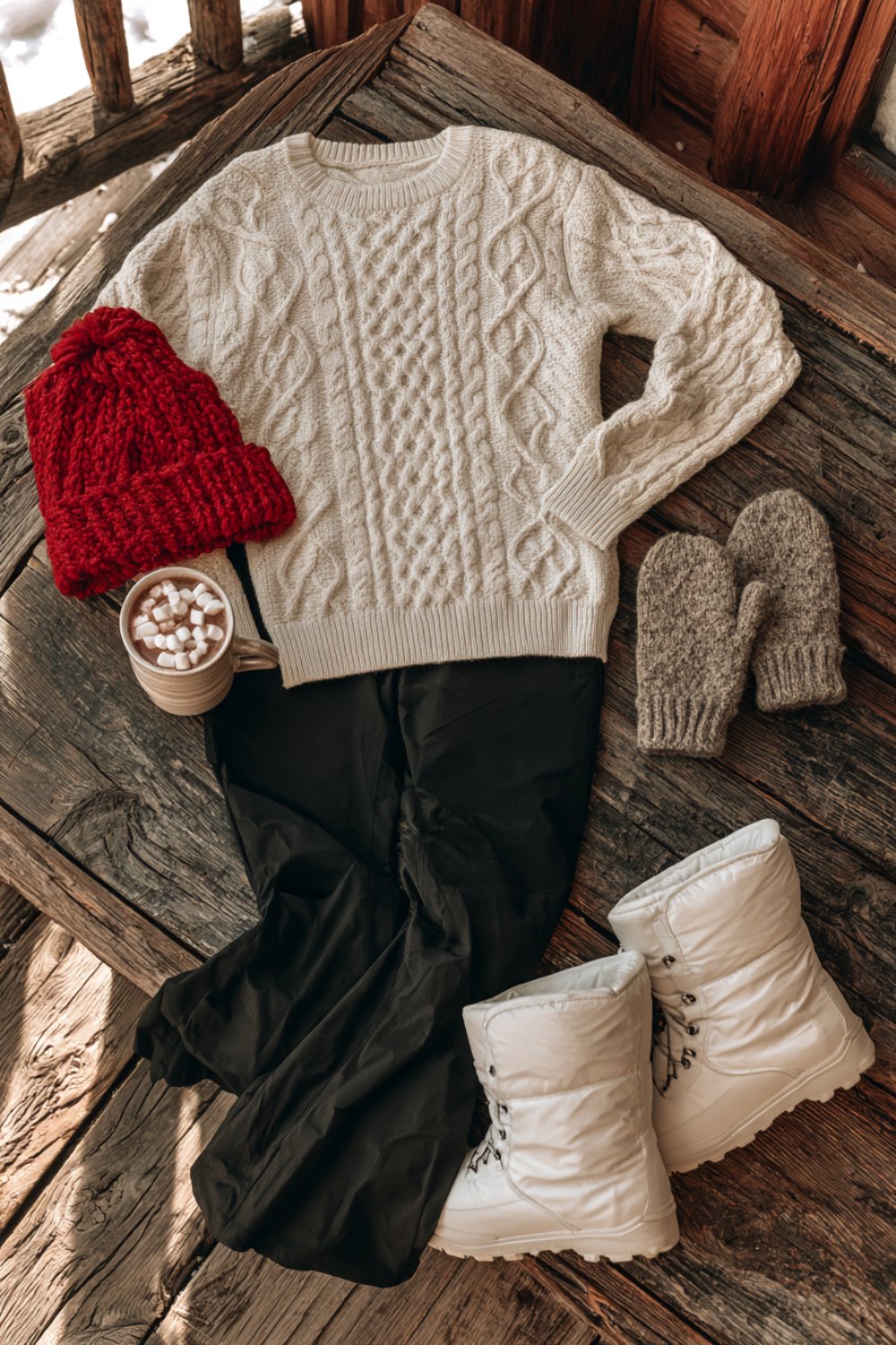 Cream cable knit sweater, red beanie, mittens, black ski pants and white snow boots laid out on a cabin table