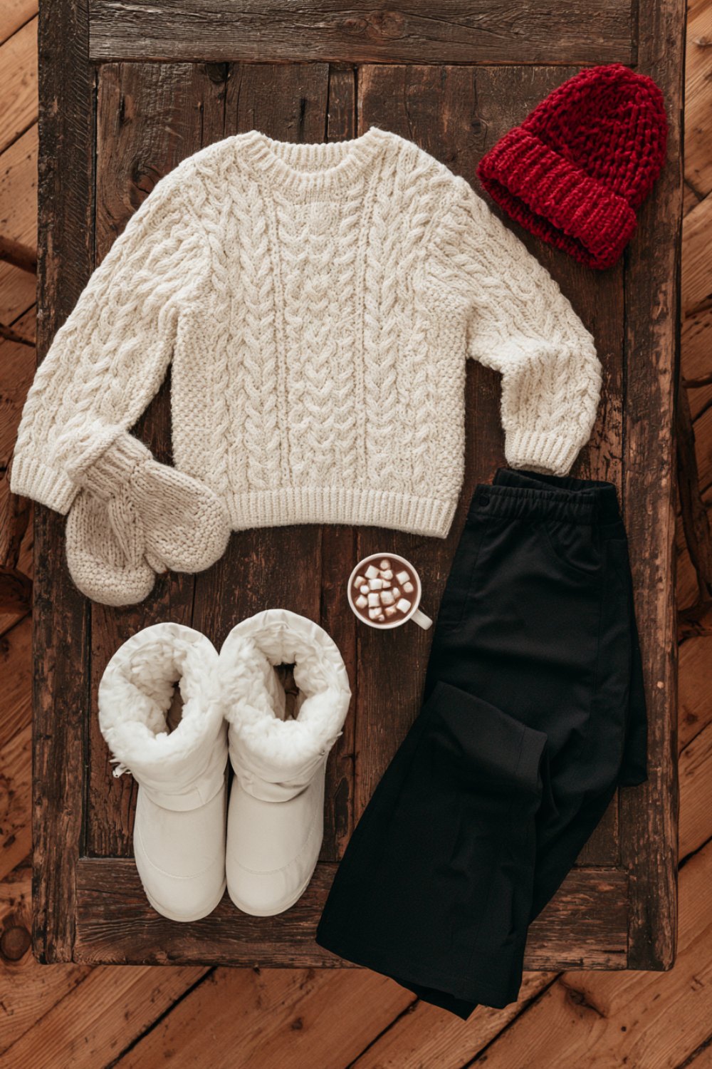 Cozy apres ski flat lay with a knit sweater, beanie, fluffy mittens, snow boots and a mug of cocoa on wood