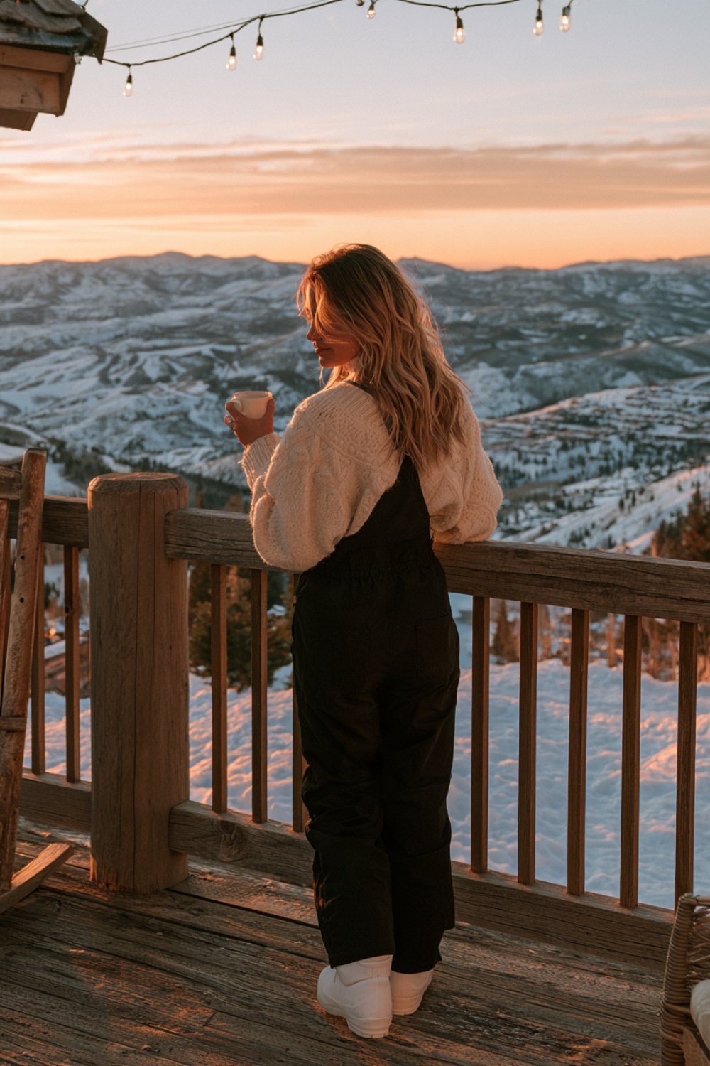 Woman seen from behind on a snowy lodge deck at sunset in a fair isle sweater and black ski bibs