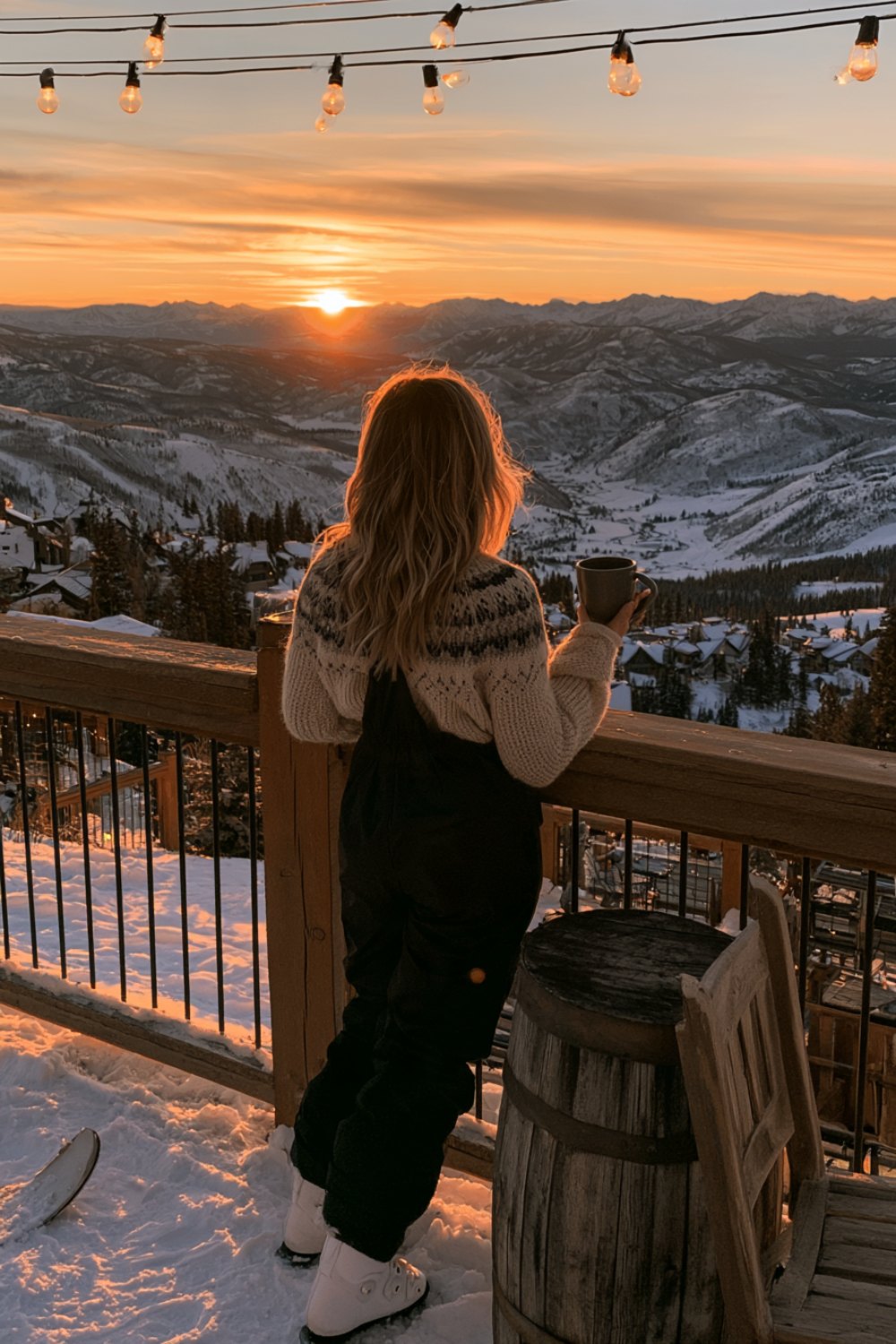 Woman from behind leaning on a lodge deck railing at golden hour in black bibs and a knit sweater, mountains ahead