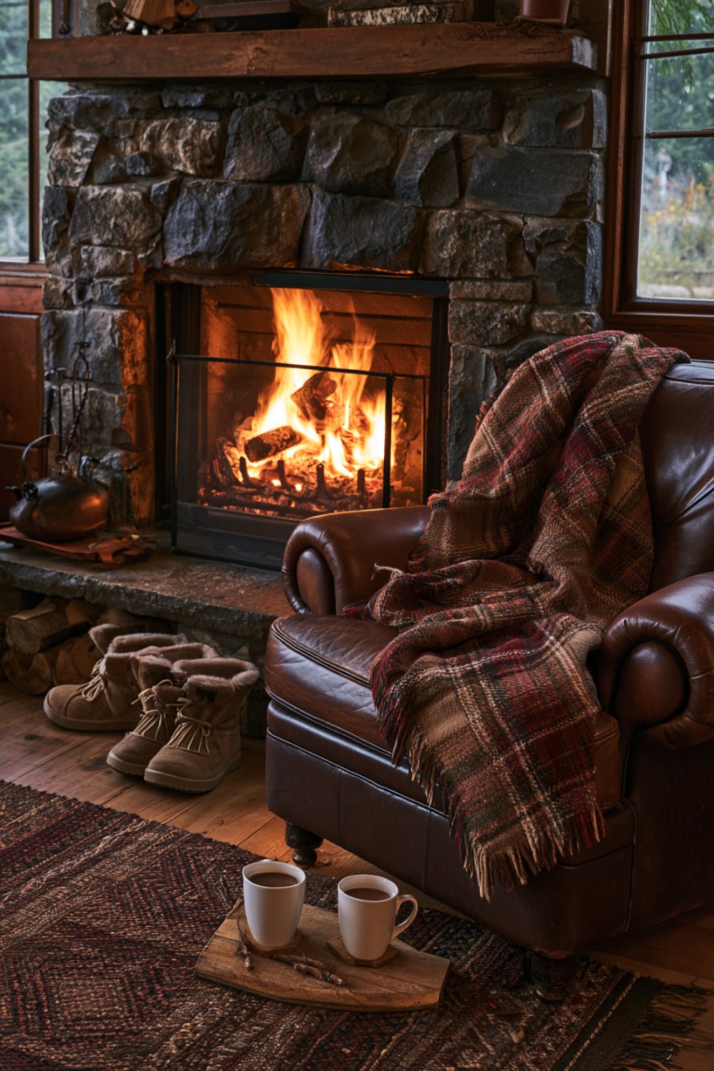 Lodge fireplace with a blanket, warm mugs and snow boots drying nearby after a day of skiing