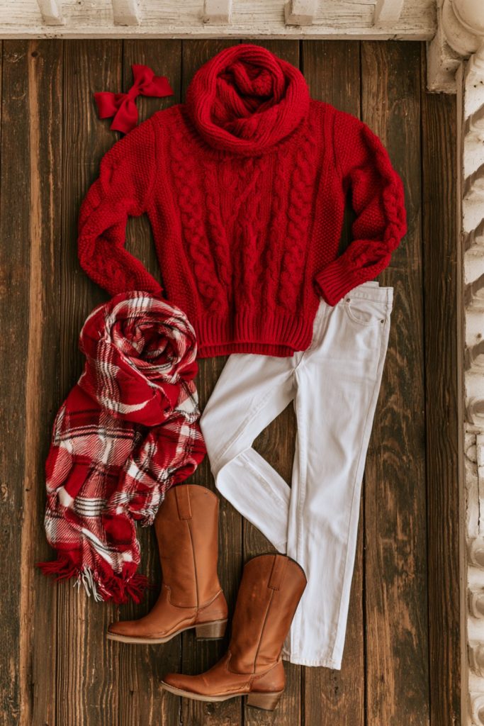 Red cable knit sweater with a red bow on rustic wood boards