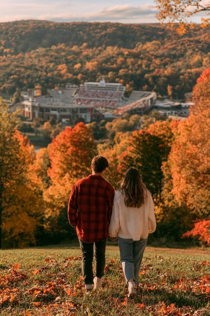 College football stadium among wooded hills in peak fall color