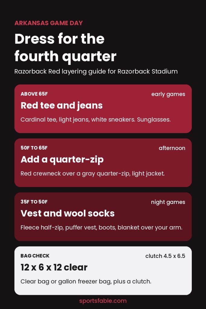 Arkansas game day layering guide by temperature with Razorback Stadium clear bag sizes