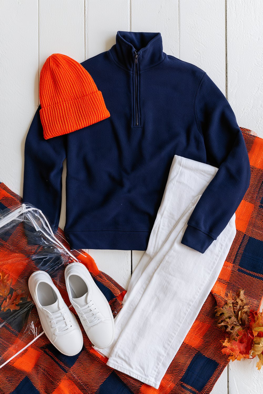Casual navy pullover, white jeans and white sneakers on a navy and orange plaid stadium blanket
