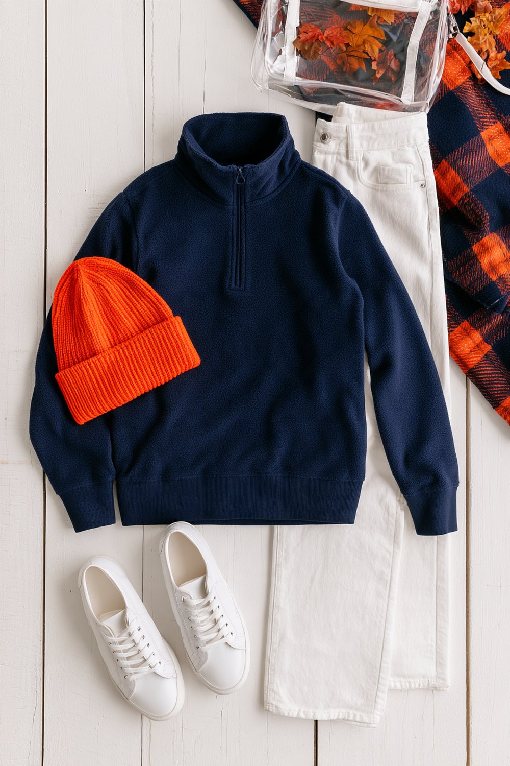 Cold weather Auburn look: navy quarter-zip, cream jeans, orange beanie and white sneakers