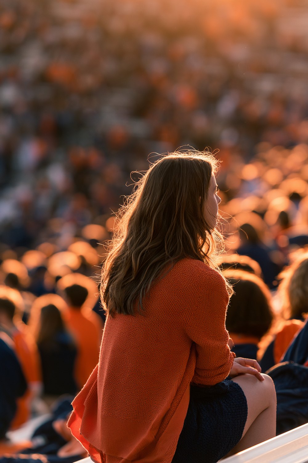 Fan seen from behind in the bleachers at golden hour wearing an orange cardigan over navy