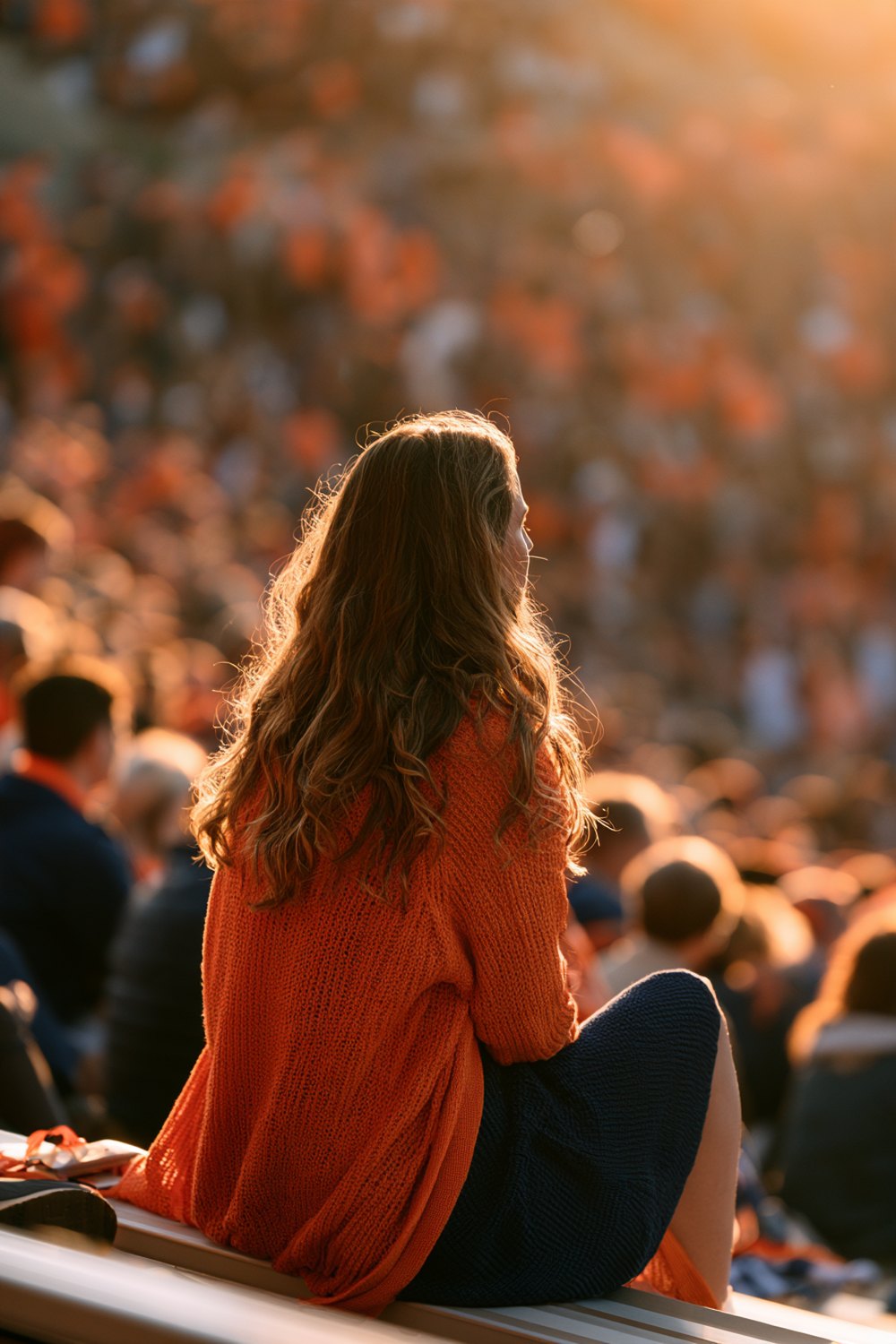 Woman from behind in an orange knit cardigan watching a game in a navy and orange crowd at sunset