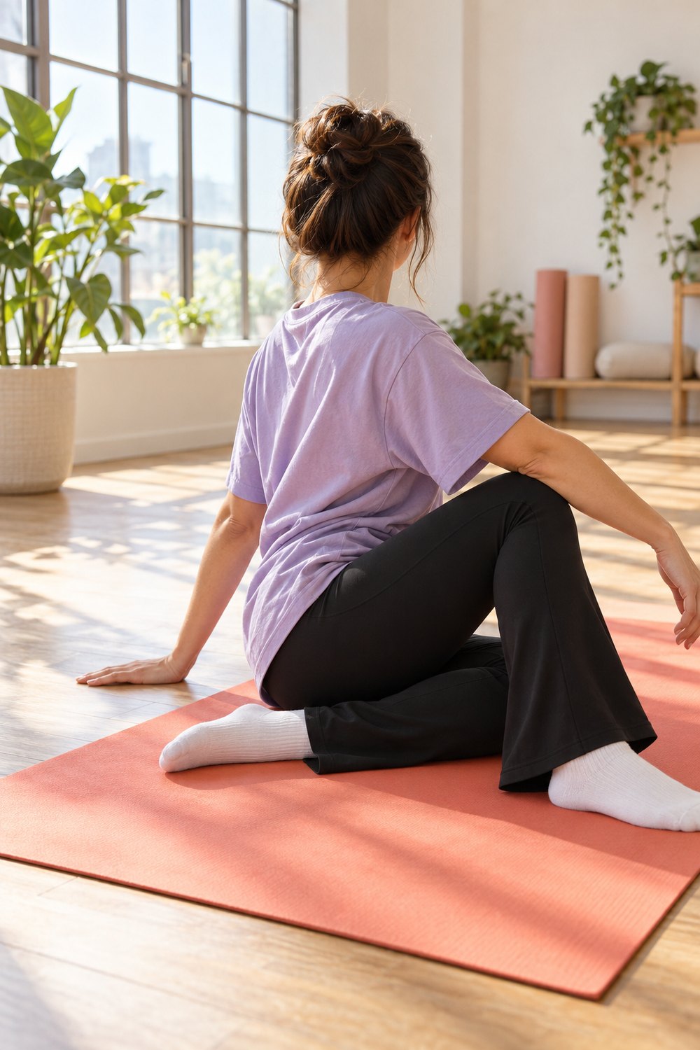 Woman in an oversized lavender tee, black flare leggings and white socks stretching on a coral mat