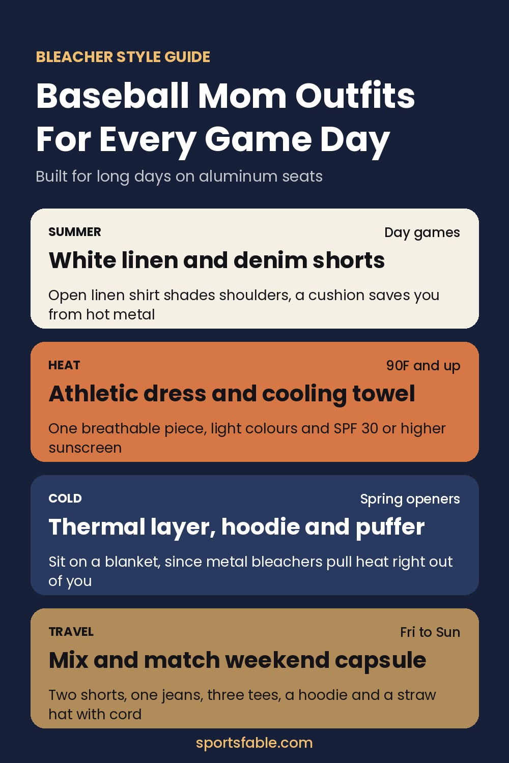 Baseball mom outfits guide card with summer, heat, cold and travel bleacher looks