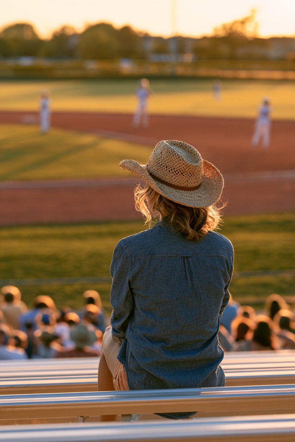 Woman in a straw hat seen from behind on aluminum bleachers at a youth baseball field at sunset