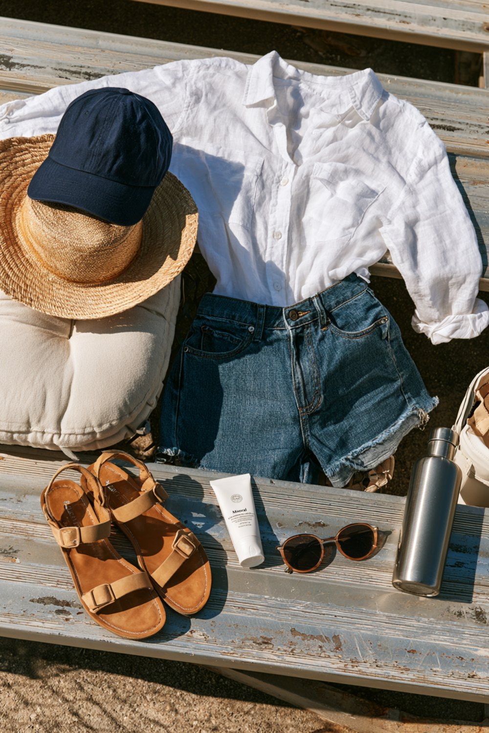 Another flat lay on bleacher planks of a navy cap, white linen shirt, denim shorts, sandals, sunscreen and seat cushion