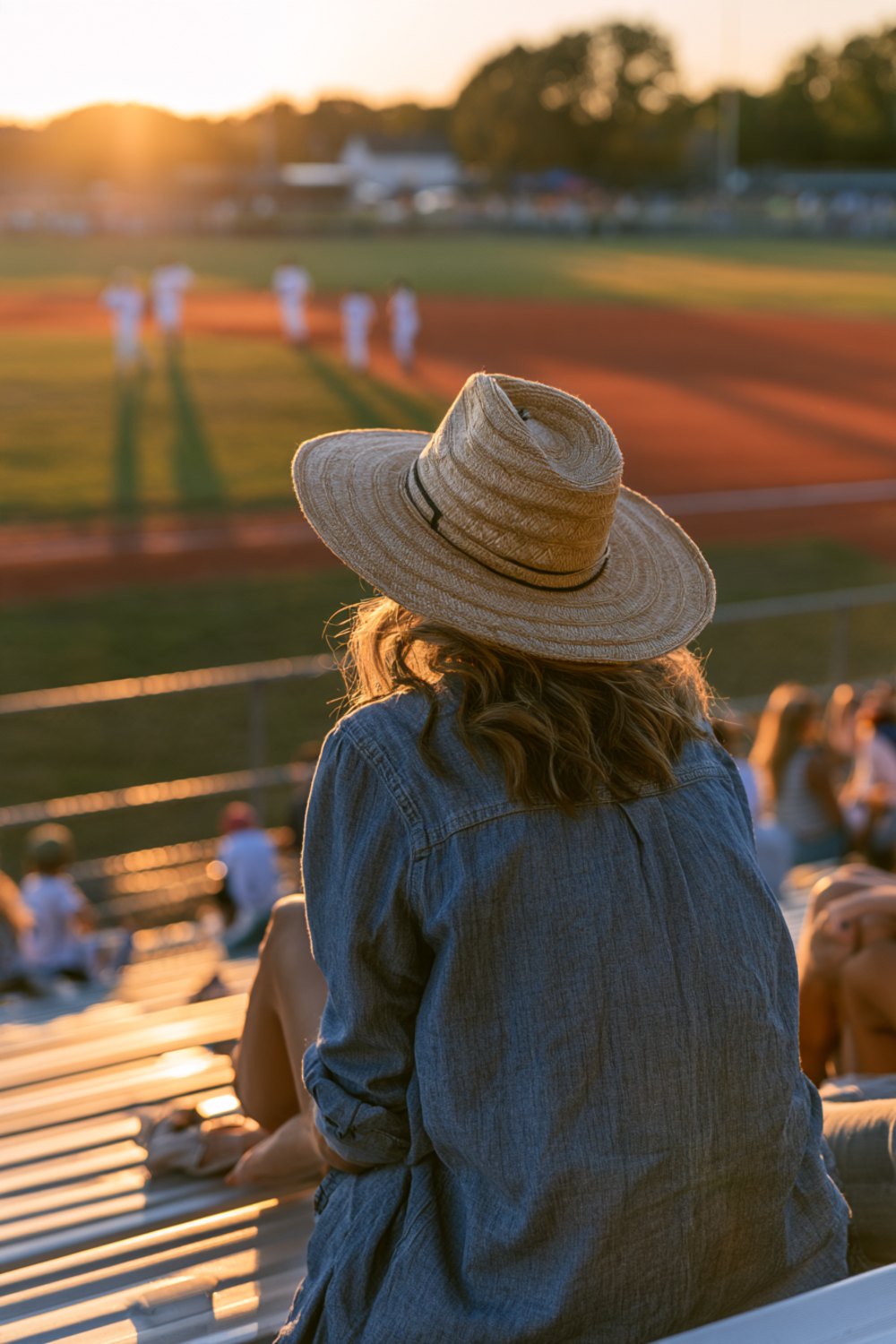 Woman in a straw hat seen from behind on aluminum bleachers at a youth baseball field at sunset, another angle