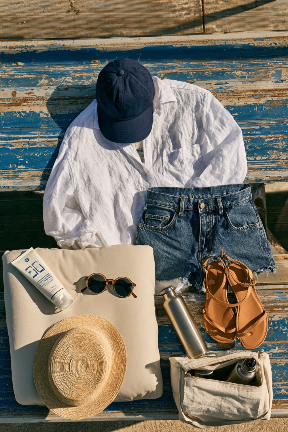 Another flat lay on bleacher planks of a navy cap, white linen shirt, denim shorts, sandals, sunscreen and seat cushion