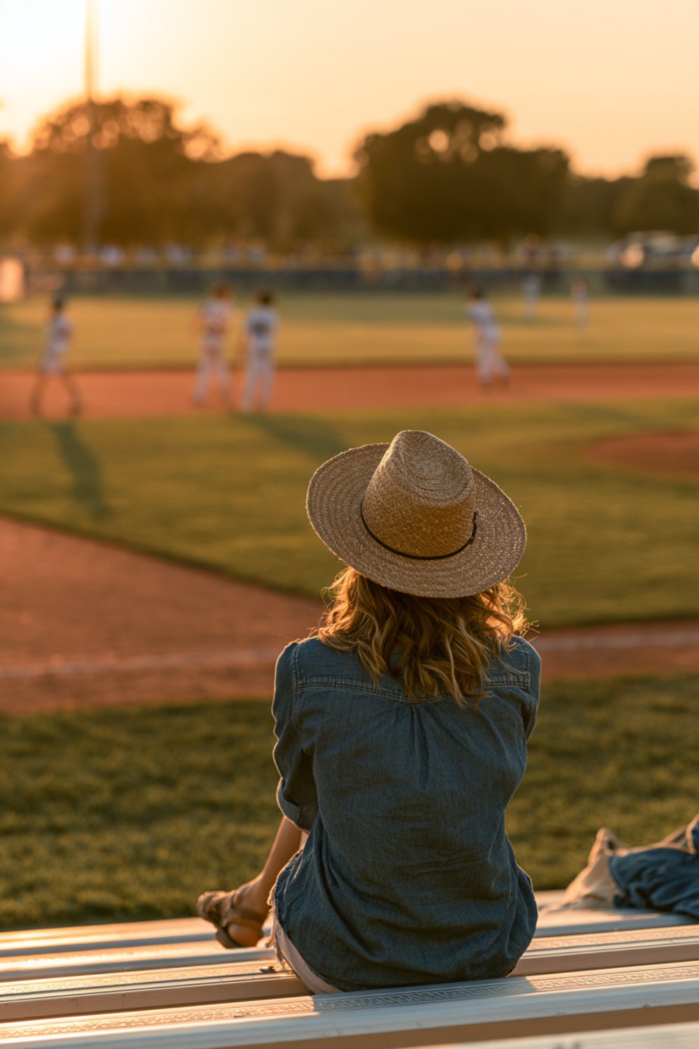 Woman in a straw hat seen from behind on aluminum bleachers at a youth baseball field at sunset, wider view