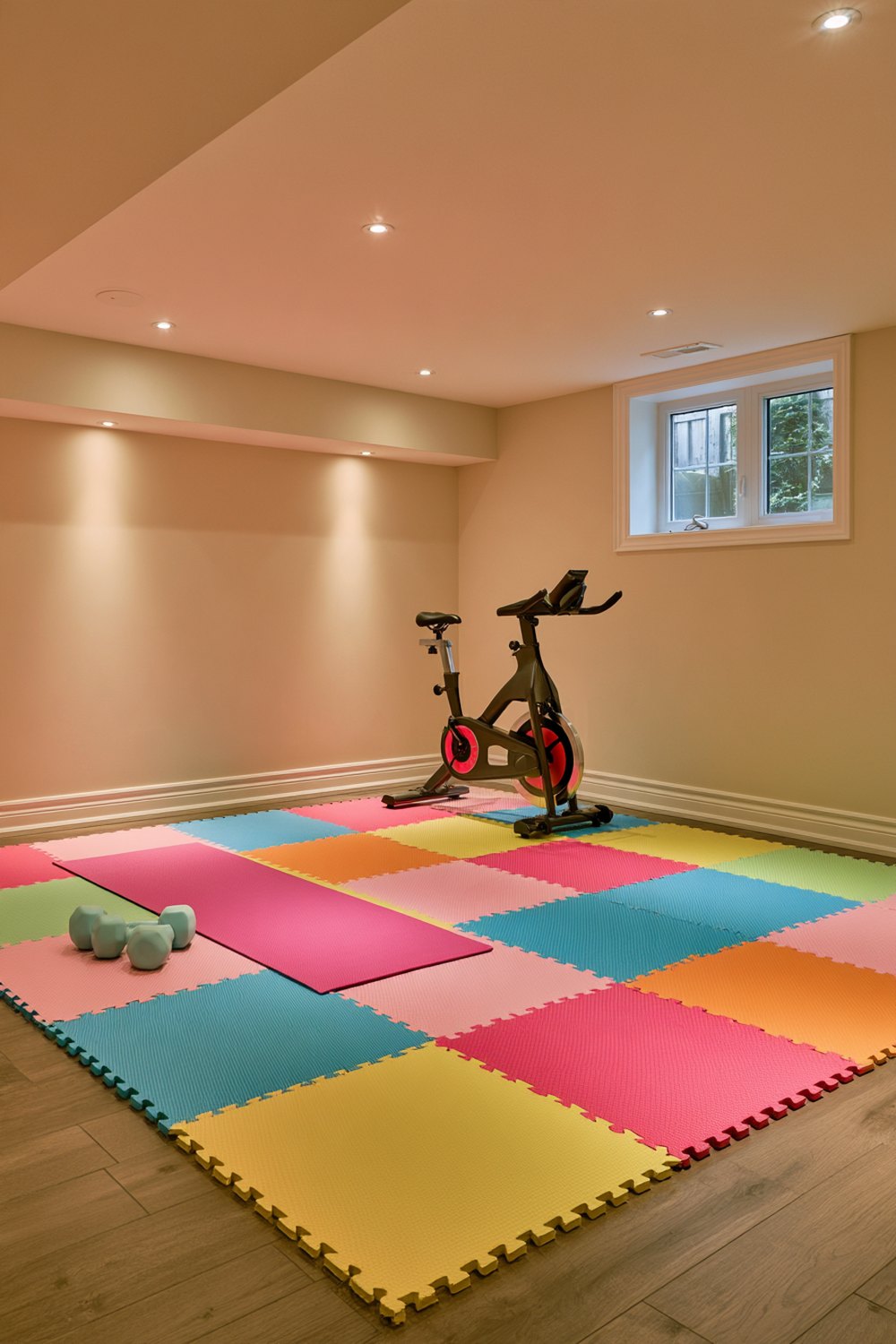 Finished basement gym with colorful foam puzzle mats, a stationary bike and light dumbbells