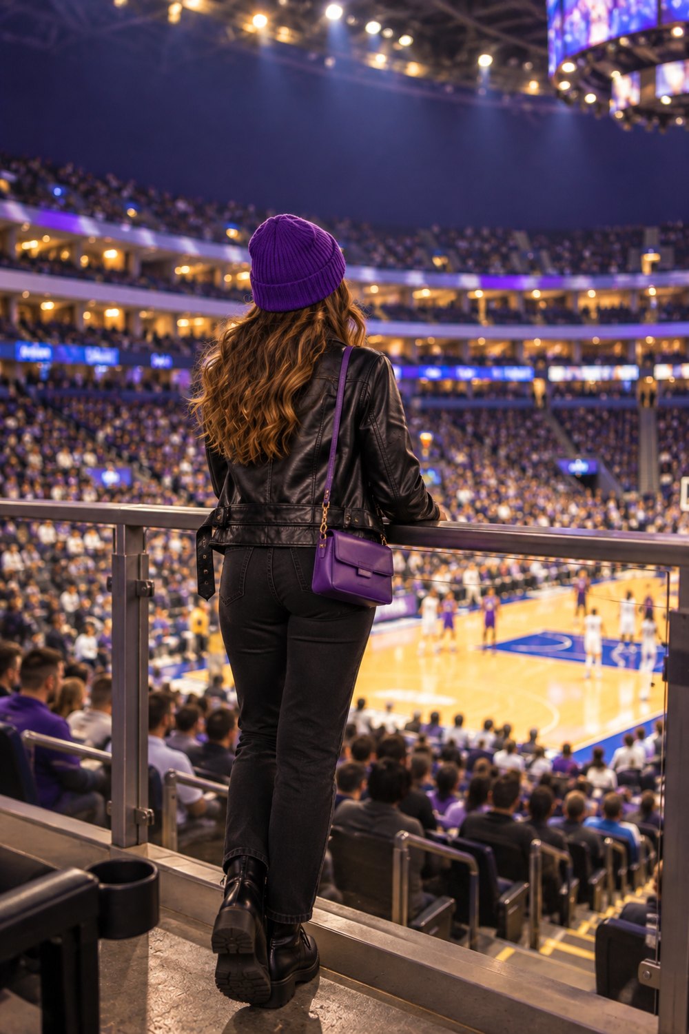Woman at a basketball arena railing in an all-black outfit with a leather jacket, accented with a purple beanie and purple crossbody bag