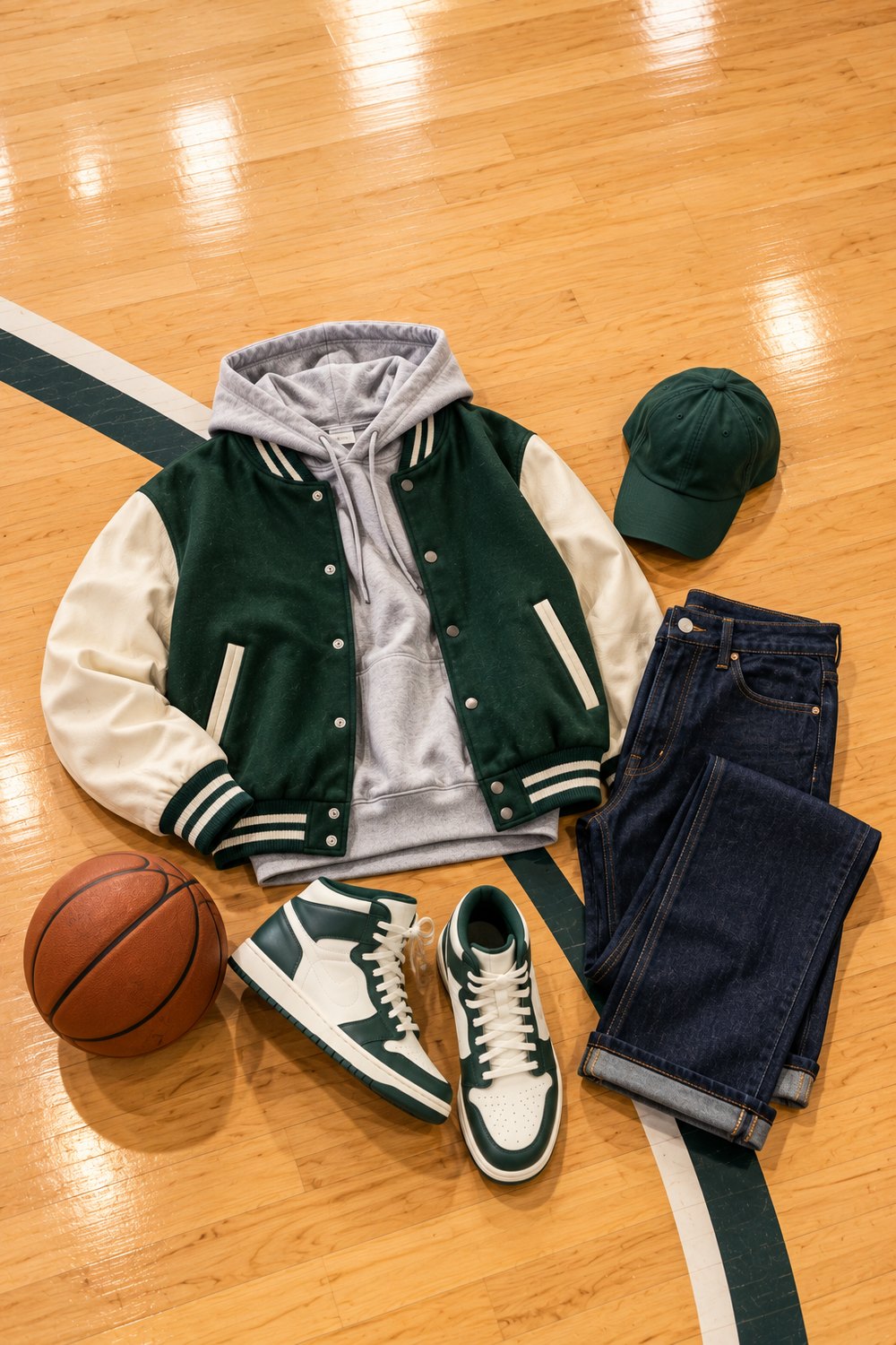 Flat lay of a men's basketball game outfit on a court floor: green and cream varsity jacket, grey hoodie, dark jeans, green and white high-top sneakers and a green cap