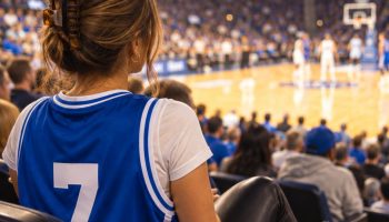 Woman at an indoor basketball game wearing an oversized blue and white jersey over a white tee with black leather leggings, seen from behind