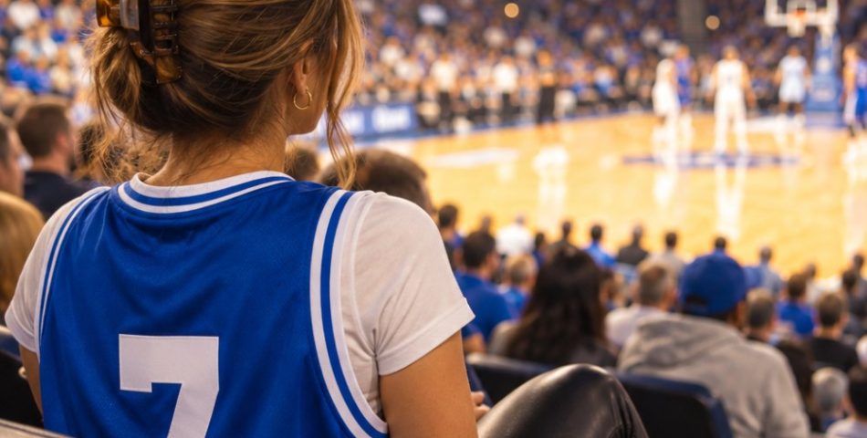 Woman at an indoor basketball game wearing an oversized blue and white jersey over a white tee with black leather leggings, seen from behind