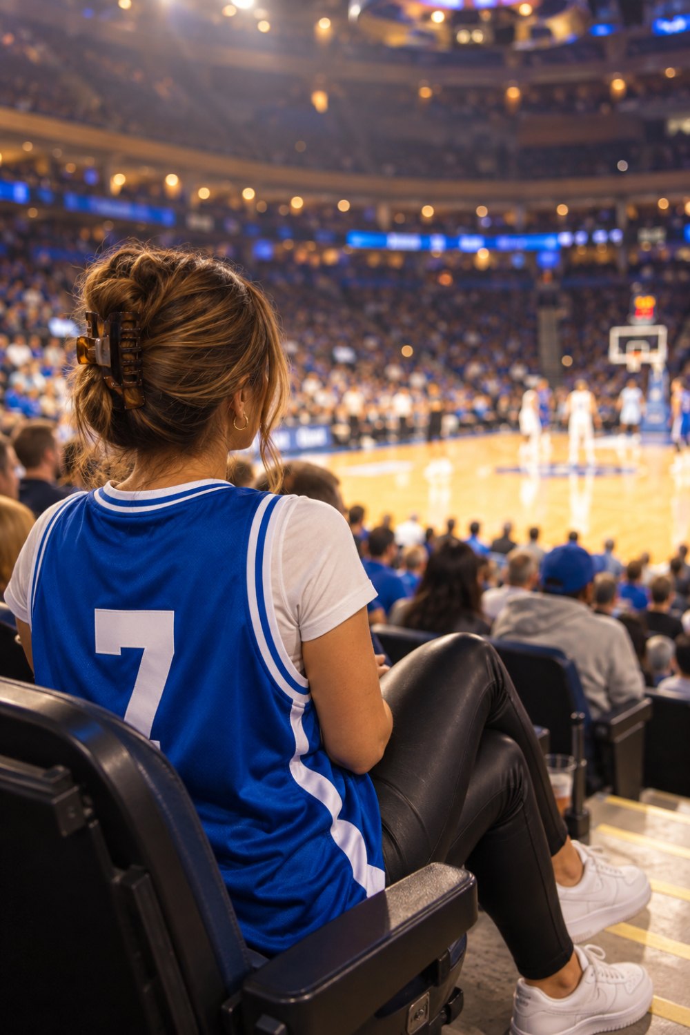 Woman at an indoor basketball game wearing an oversized blue and white jersey over a white tee with black leather leggings, seen from behind