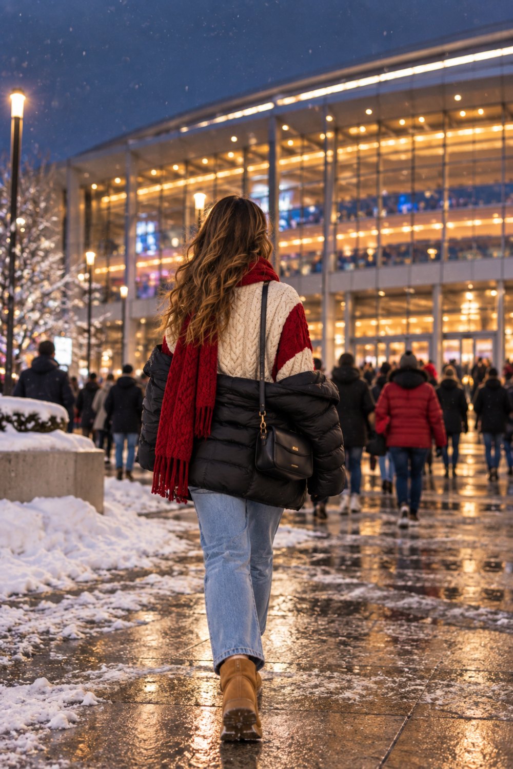 Woman walking to a basketball arena in the snow wearing a red and cream cable knit sweater, black puffer jacket, light jeans and tan ankle boots