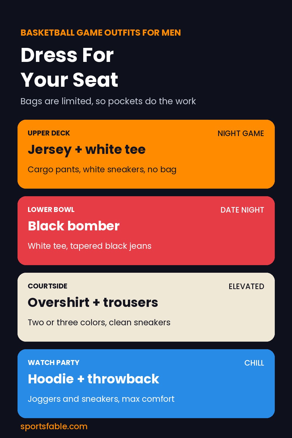 Basketball game outfits for men by seat: jersey layer, black bomber, overshirt and trousers, hoodie and throwback
