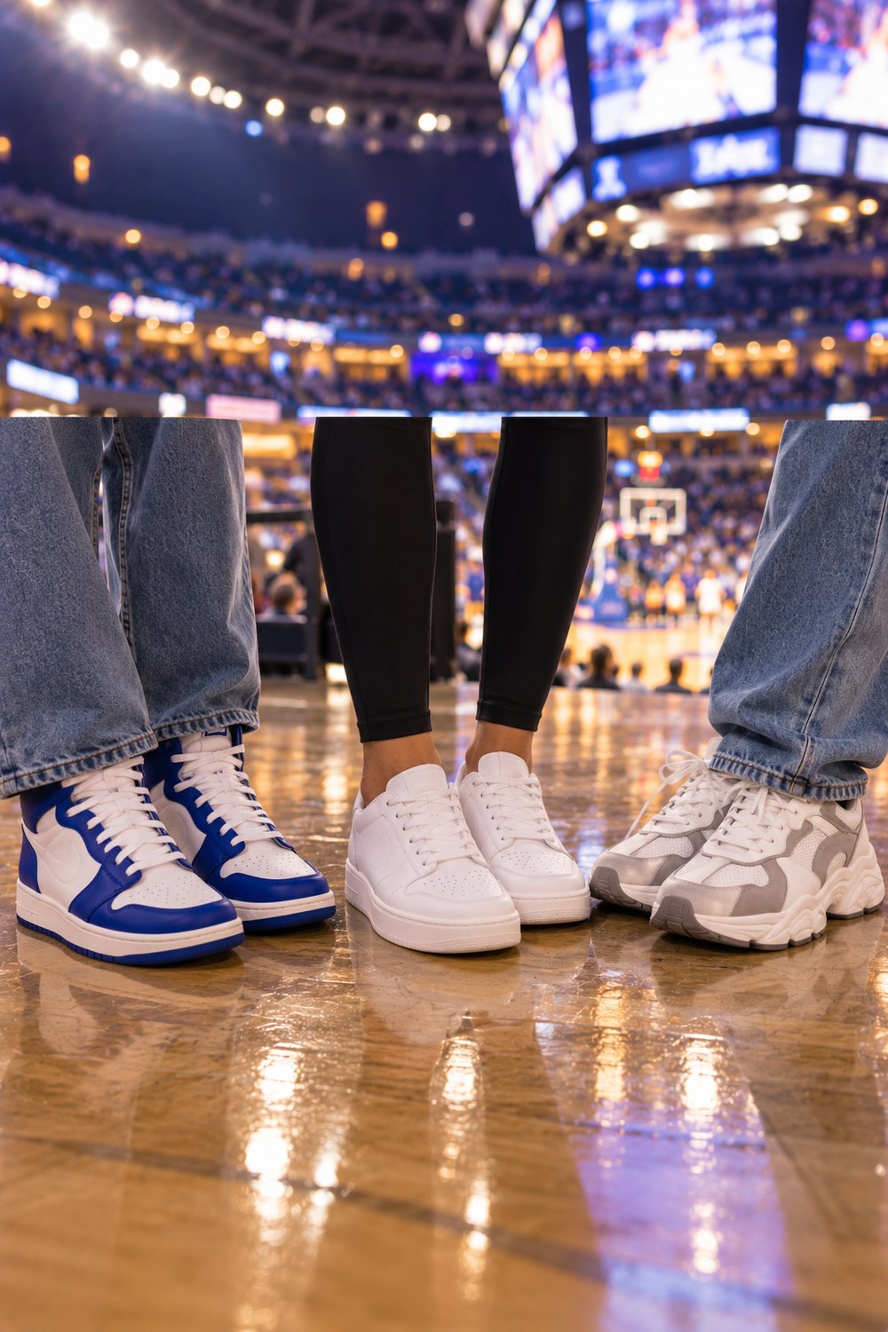 Three pairs of sneakers on a polished arena floor: blue and white high-tops, white leather low-tops and chunky grey sneakers