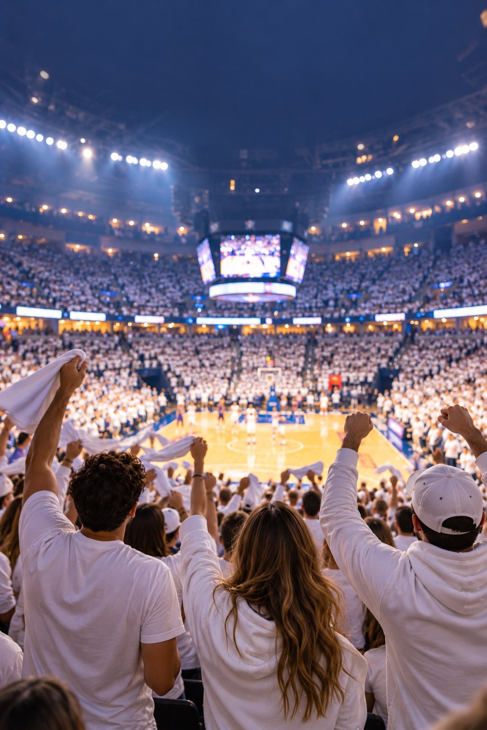 College basketball student section dressed all in white for a white out theme night, seen from behind with the bright court beyond