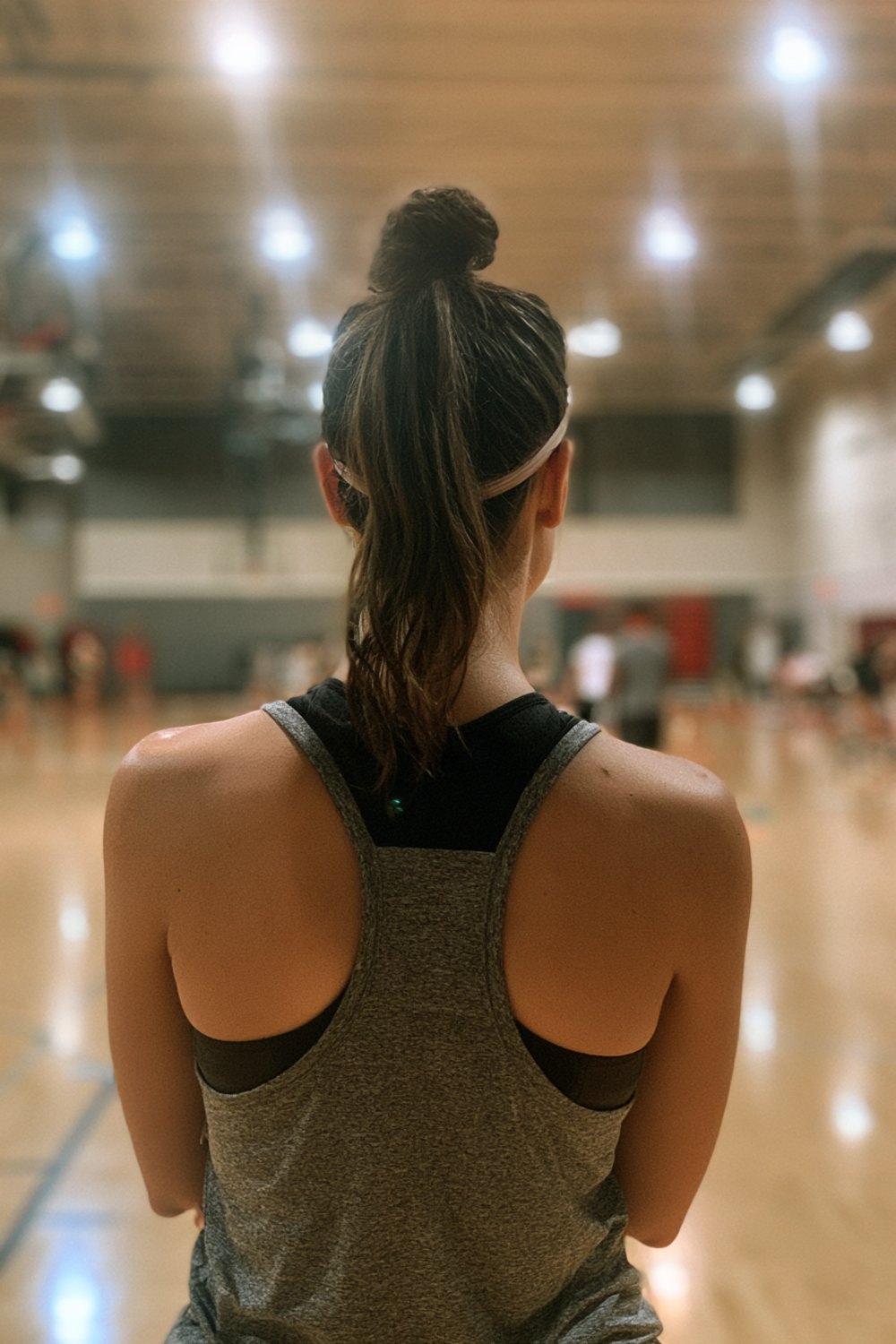 Player seen from behind on a basketball court with a sleek high ponytail and a thin athletic headband