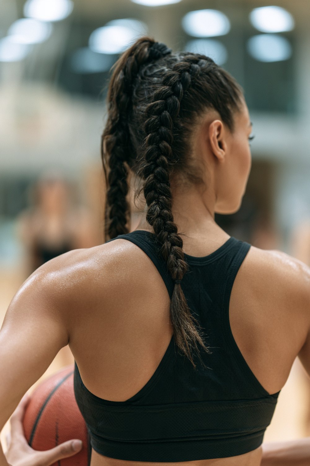 Player seen from behind with two tight Dutch braids holding a basketball in a gym