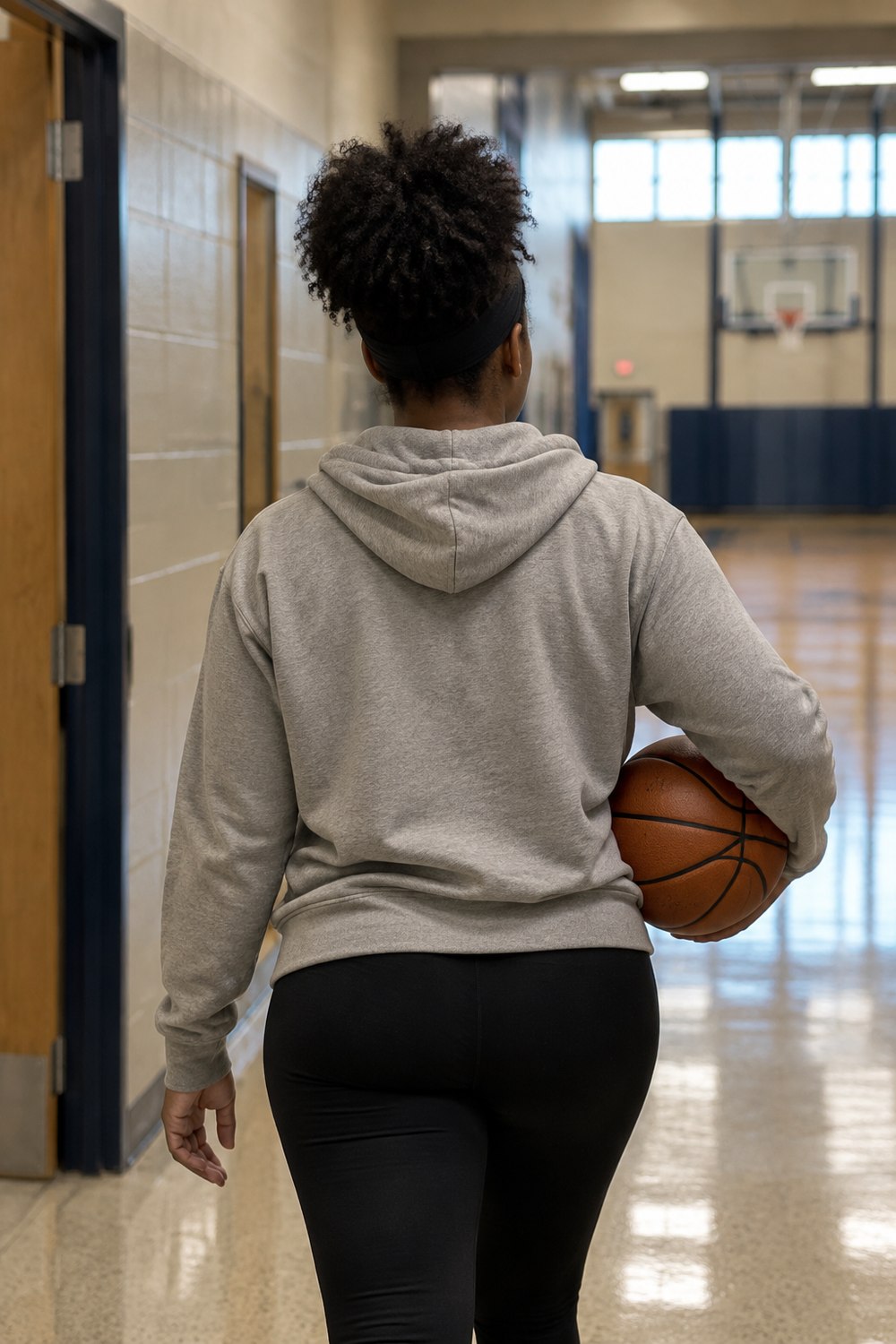 Player with natural coily hair in a high puff seen from behind walking down a gym hallway with a basketball