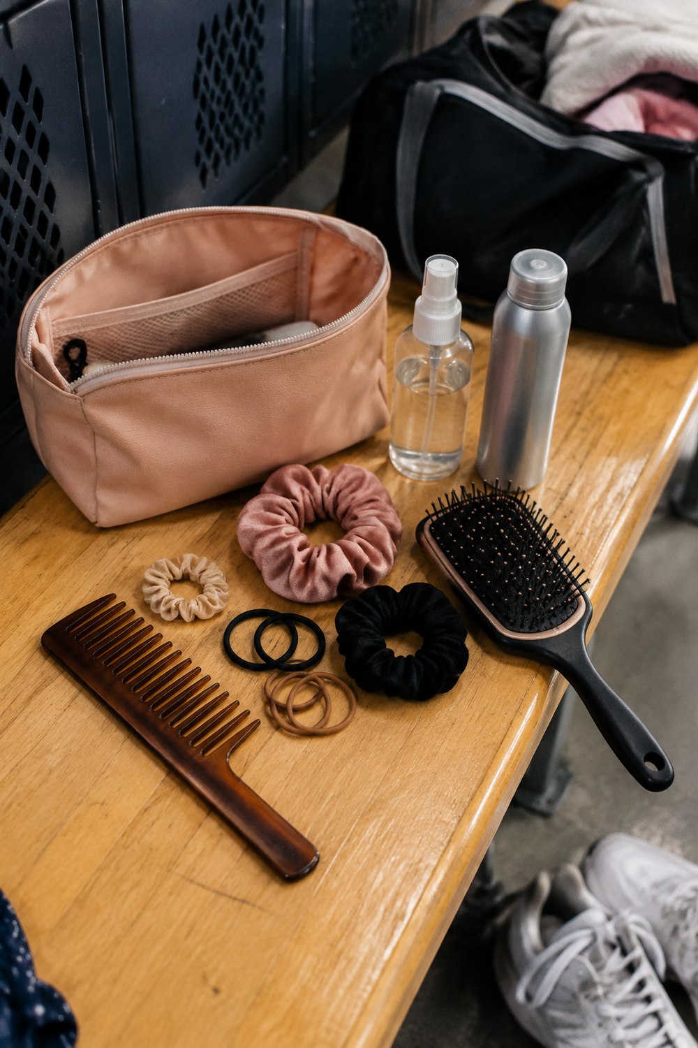 Pre-game hair kit on a locker room bench: elastics, scrunchies, comb, brush, spray bottle and zip pouch