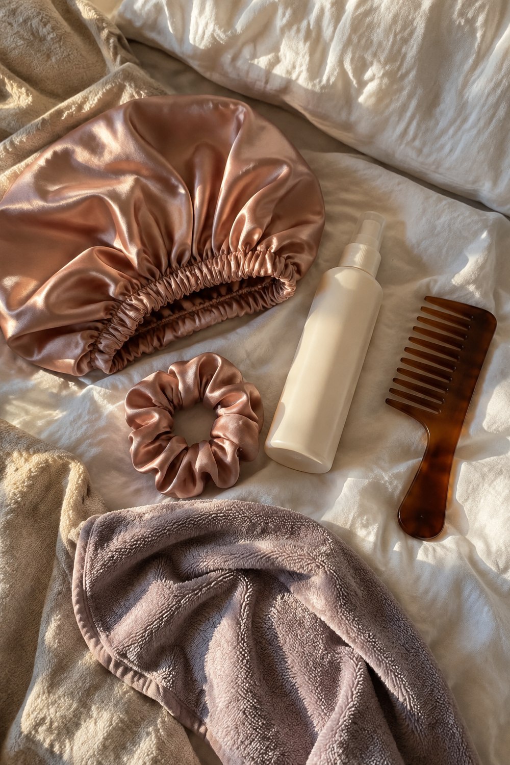 Overnight hair care flat lay: satin bonnet, satin scrunchie, wide-tooth comb, leave-in bottle and microfiber towel