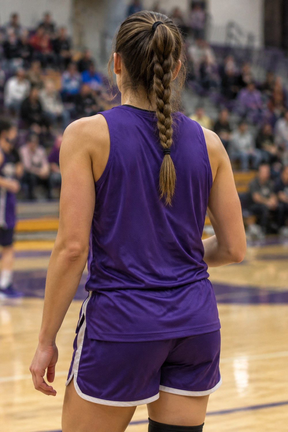 Basketball player seen from behind on a court with a long braided high ponytail and a purple practice jersey
